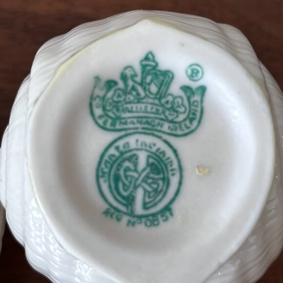 Vintage Belleek Seashell Nautilus Lustre Creamer & Sugar Bowl Green Mark Ireland - Picture 12 of 13